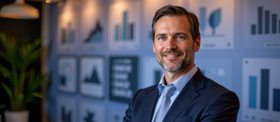 Portrait of a handsome business leader. Businessman smiling in a modern office with charts and plants in the background.