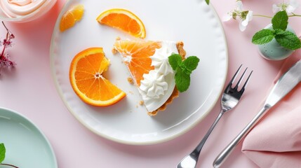 Fresh Orange Dessert with Whipped Cream and Mint Garnish on a Soft Pink Background Perfect for Culinary Photography