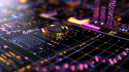 Futuristic Digital Interface with Data Charts and Cryptocurrency Coin on Dark Background for Financial Technology Concepts