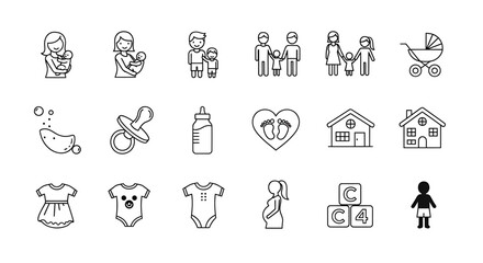 Set of family icons isolated on white background representing parenthood, childhood and home
