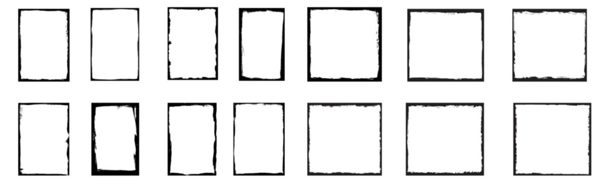 Brush frames. Rough textured grunge black silhouette in geometric shapes, square and oval, star. Vector set