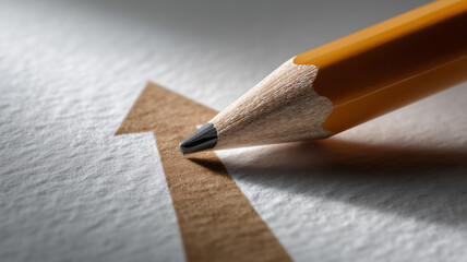 Obraz premium Close-up of a yellow pencil resting on textured paper with an upward arrow outline, symbolizing progress, creativity, and inspiration in education
