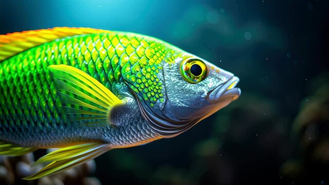 Vibrant tropical fish colorful scales coral reef underwater scene with marine life ocean blue light, aquatic wildlife macro detail vivid fins sea