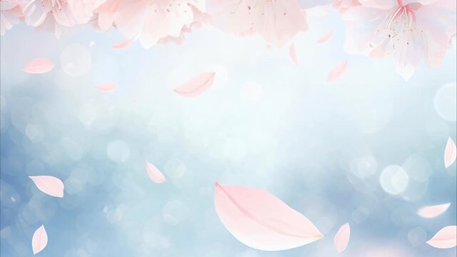 桜吹雪、青色背景に桜の花びらが舞う3Dアニメーション スローモーション