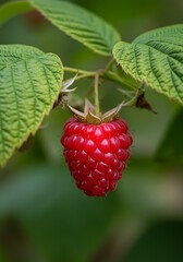 Ripe Red Raspberry Hanging on a Branch with Green Leaves.
