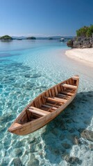 Obraz premium Rustic Wooden Canoe Floats On Crystal Clear Turquoise Tropical Waters Near A White Sand Beach With Lush Green Islands In The Distance Under A Bright Blue Sky