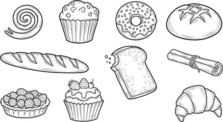 Home Baking. Set of different pastries. Cookies, croissants, puffs, macaroons, donuts sketch collection. Hand drawn elements for package, menu, recipe.