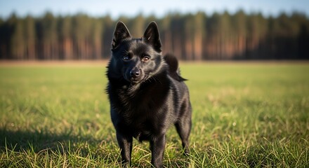 Schipperke dog standing in a grassy field on a sunny day.