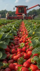 Freshly harvested strawberries lined up in a field ready for collection
