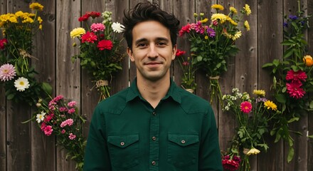 Smiling man in green shirt surrounded by vibrant flowers on wooden fence.