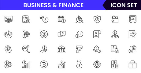 Business and Finance vector web line icon collection, sleek illustrations of budgets, savings, wallets, investments for smart, financial designs.