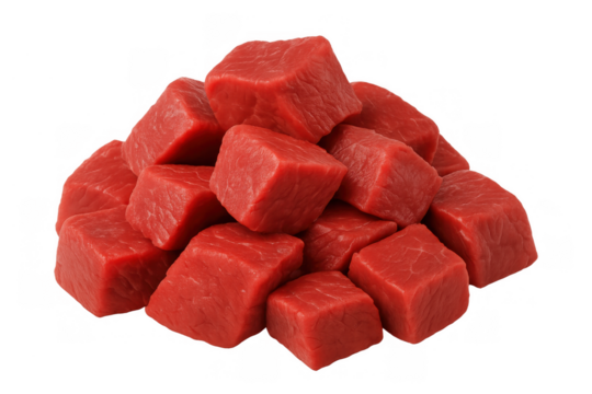 Raw beef cubes for cooking stew, cutting meat for goulash, fresh chopped red meat, transparent background
