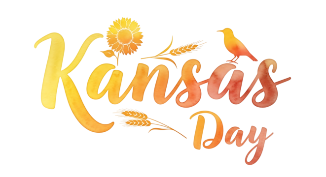 Kansas day watercolor text with sunflower and bird isolated on white isolated on transparent background