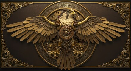 Ornate mechanical bird sculpture displays intricate clockwork mechanisms upon a dark, embellished background.
