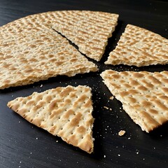 Traditional Jewish unleavened matzah bread broken for Passover Seder meal.