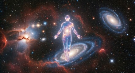Transcendent being meditating among stars and spiral galaxies.