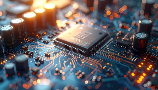 Close Up of Microprocessor on Circuit Board with Glowing Lights in Modern Technology Environment