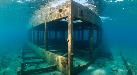 Underwater view of a sunken ship, a historical maritime relic.