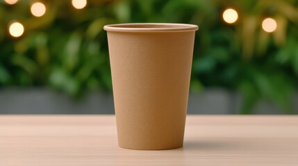 A minimalist brown paper cup standing on a wooden table against a blurred backdrop.