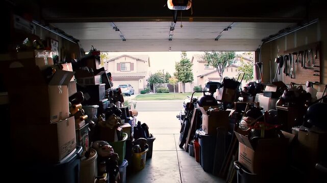 Organized Clutter Inside a Residential Garage Filled With Boxes and Storage Containers Leading to an Exterior View of Houses and a Lawn on a Cloudy Day