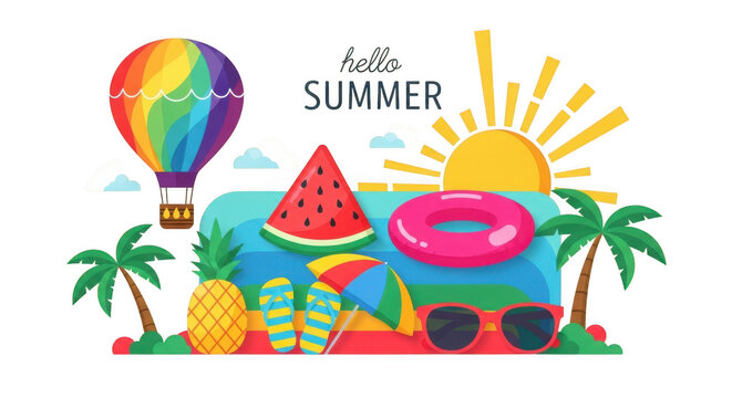 Colorful hello summer illustration with beach elements, fruits, and hot air balloon on transparent background