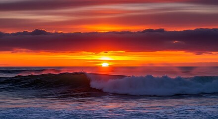 Vibrant Sunset Over Ocean Waves Creates a Stunning Coastal Scene.