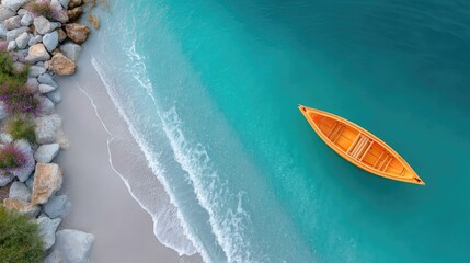 Vibrant Orange Kayak Floats Peacefully on a Serene Turquoise Water Surface Beside a Rocky Shoreline with Gentle Waves and Lush Greenery
