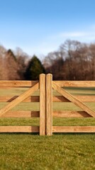 Fototapeta premium A wooden gate stands open in a lush green field under a clear blue sky.