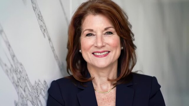 A smiling woman with auburn hair in a dark blue suit smiles. Pearl earrings and a necklace complete her look. She leans against a textured, light wall