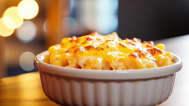 Delicious mac and cheese in a white bowl, golden and cheesy perfection.