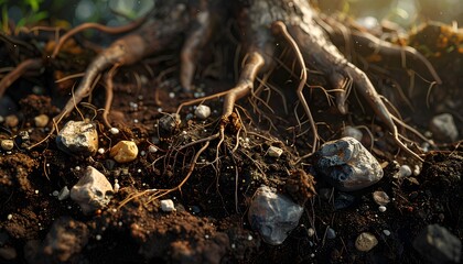 Close Up of Tree Roots in Soil with Rocks and Tiny Pebbles in Natural Light
