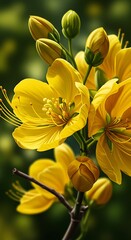 Vibrant Yellow Senna Flowers Blooming in Lush Garden Sunlight.