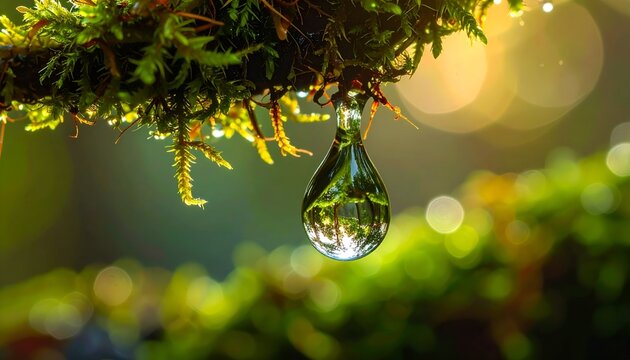 Close Up of Water Drop Hanging From Green Moss in Sunlight