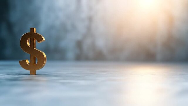 Golden dollar sign symbol standing on textured surface with warm light representing finance and prosperity