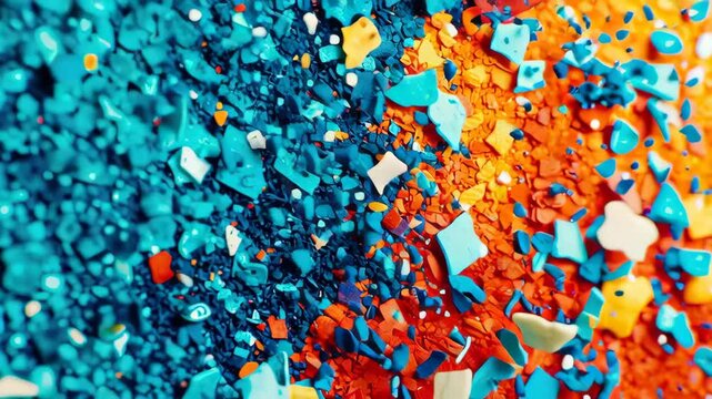 Abstract texture confetti pattern blue orange contrast, dynamic composition with vibrant mosaic fragments, creative background of vivid paint chips