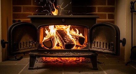 Warm and inviting wood burning stove with glowing embers and dancing flames, perfect for a cozy evening.