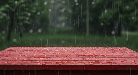 Wooden Table Surface in Rain with Green Trees Background.