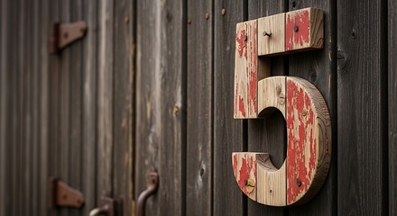 Wooden Number Five on Weathered Wooden Wall.
