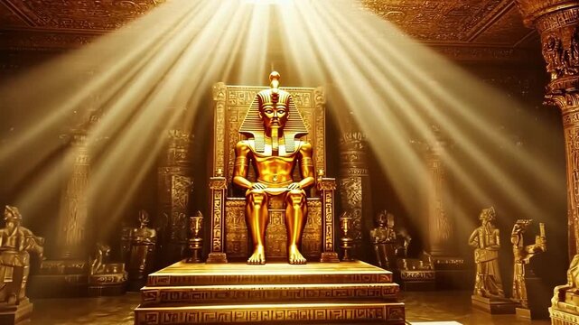 Golden pharaoh statue on throne in a tomb, bathed in light rays. Ancient Egypt.