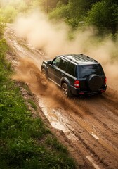 &ldquo;SUV driving through muddy off-road trail with dynamic splashes and dust clouds.&rdquo;
