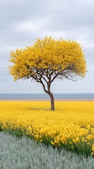 Vast Yellow Rapeseed Field with a Solitary Tree Under a Cloudy Sky Beside the Ocean