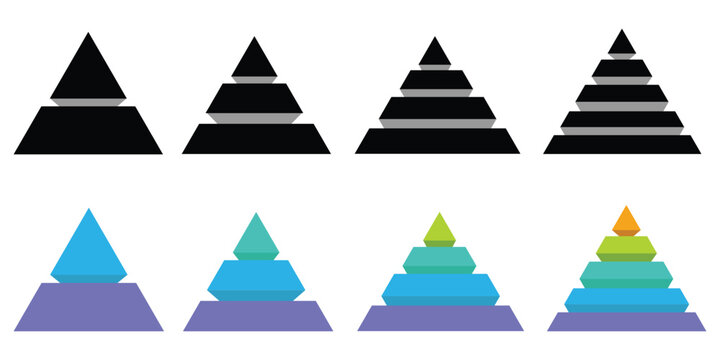 Levels of triangular pyramid. Color triangle pyramid chart. Maslow layer diagram. Development level infographic. Business graph. Vector illustration isolated on white background