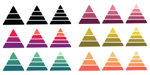 Levels of triangular pyramid. Half triangle pyramid chart. Maslow layer diagram. Development level infographic. Business graph. Vector illustration isolated on white background