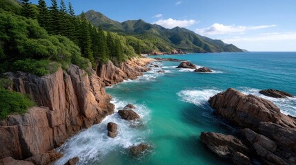 Vibrant Coastal Landscape with Jagged Rocky Cliffs and Lush Green Jungle Under a Bright Blue Sky with Sparkling Turquoise Ocean Water