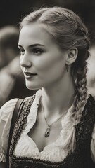 Obraz premium Portrait of a young Bavarian woman with braided blonde hair in traditional dirndl dress.