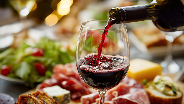 Red wine pouring into glass with charcuterie board