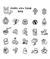 2026年お正月線画イラスト素材