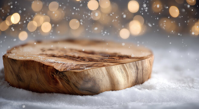Wooden slice on snow with bokeh lights and snowflakes