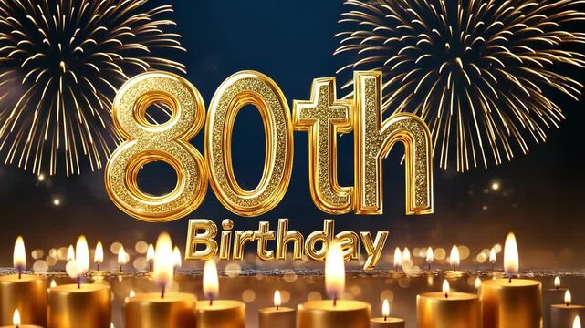 Celebrating an 80th birthday with golden numbers, candles and fireworks.