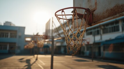 Abandoned Basketball Court in Empty Schoolyard at Sunset with Rusty Hoop and Soft Lighting